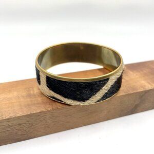 Cowhide Hair On Bangle Bracelet Gold Tone Brass Boho Western Zebra Safari Retro